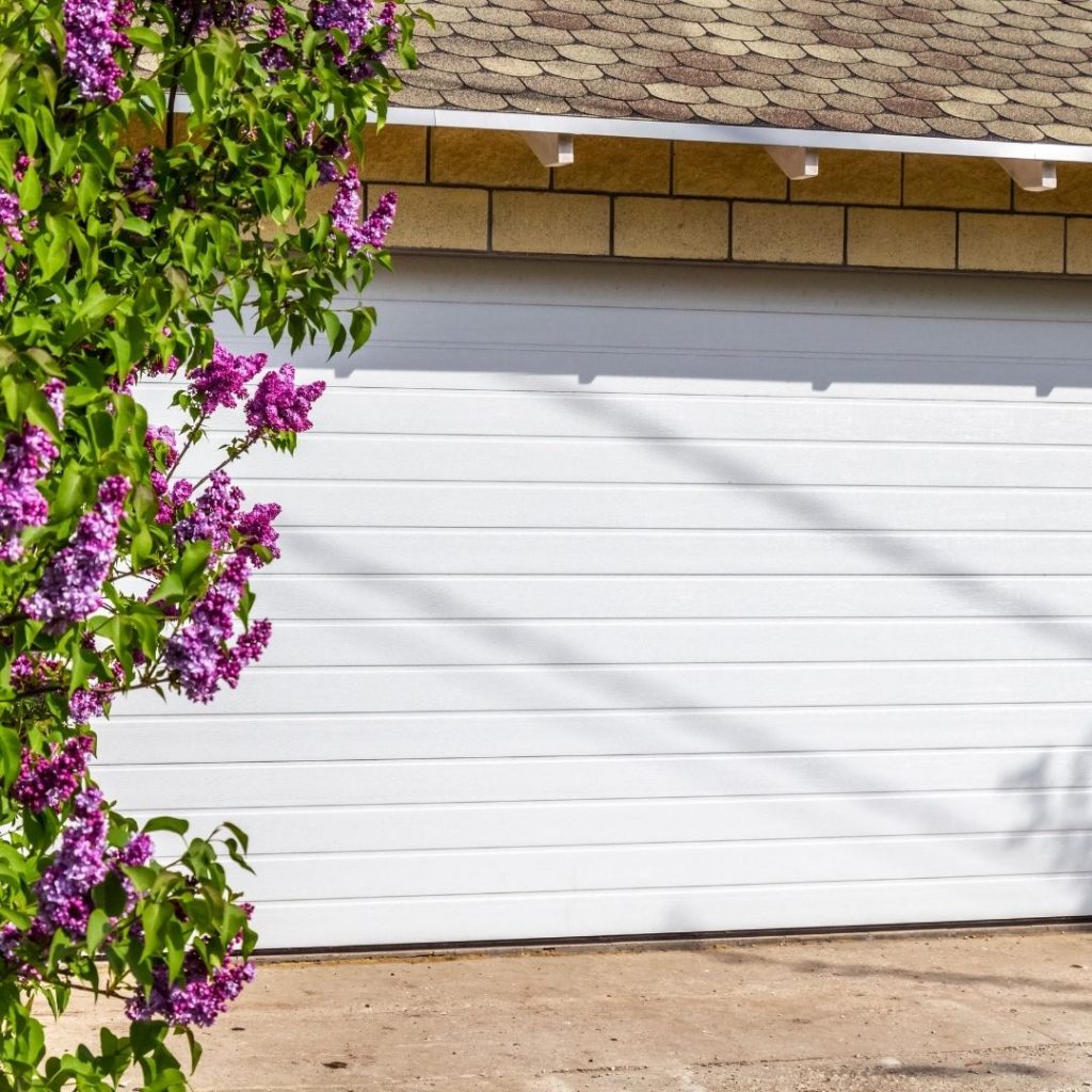 White garage with a flowering bush growing near by